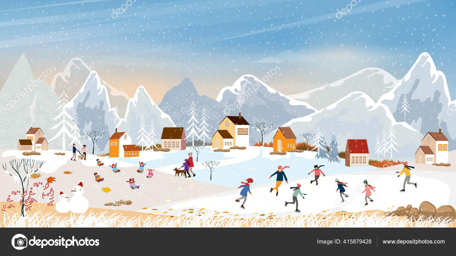 Winter Landscape Vector Winter Wonderland Banner Village People Playing Ice  Stock Vector by ©annbkk.gmail.com 415879428